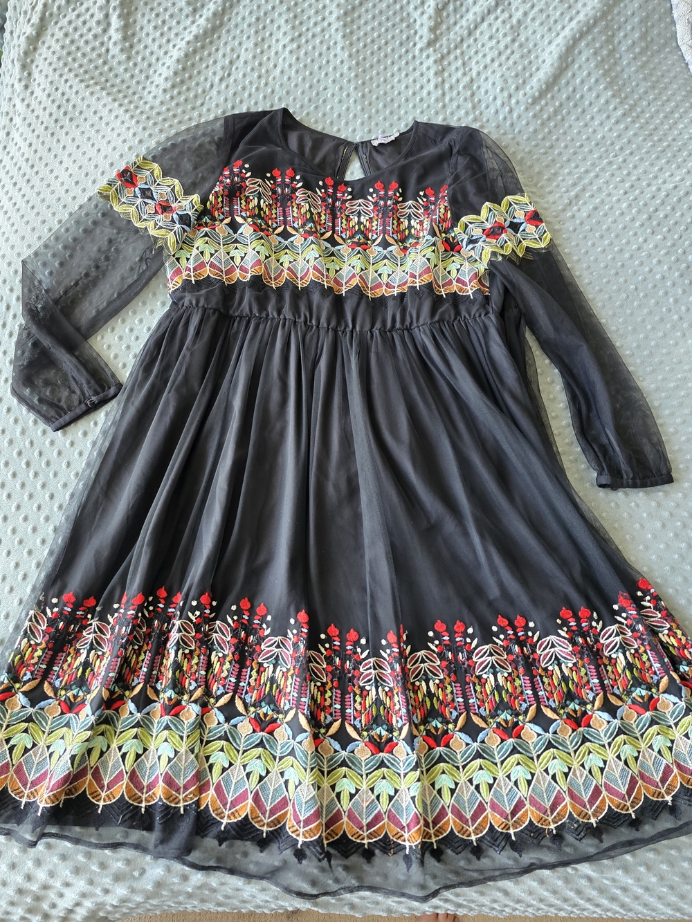 NWOT ASOS Embroidered Mesh Babydoll Black Sheer Sleeve Folk Boho Dress Sz 18